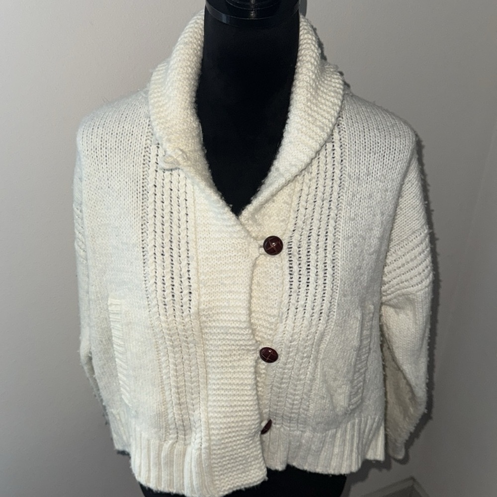 Madewell Ivory‎ cable trim Grandpa wool Alpaca blend button cozy sweater Sz XS